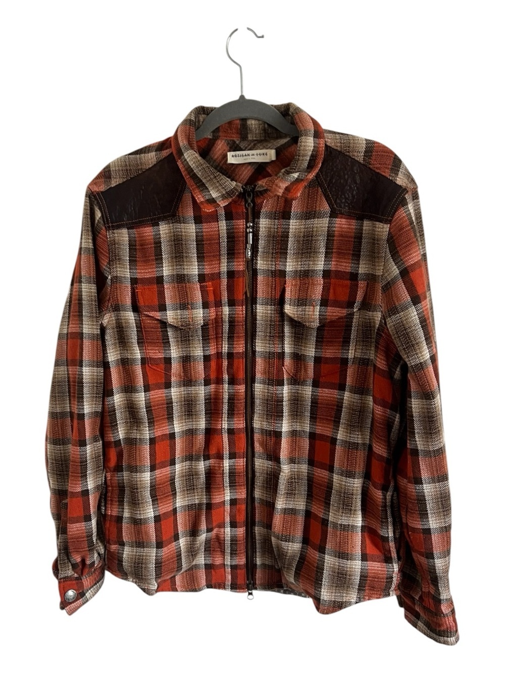 Artisan de Luxe Plaid Zip-Front Shirt Jacket in Rust & Cream, size Large